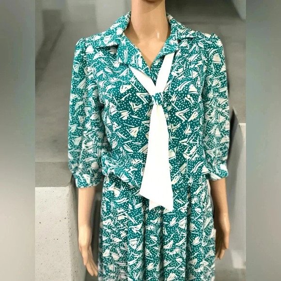 Vintage 80’s Breli Originals abstract teal collegiate intern Dress made in USA-L - Picture 6 of 11